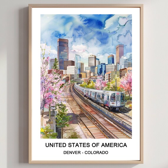 Denver Colorado Skyline Light Rail Train Spring Blossom Travel Poster