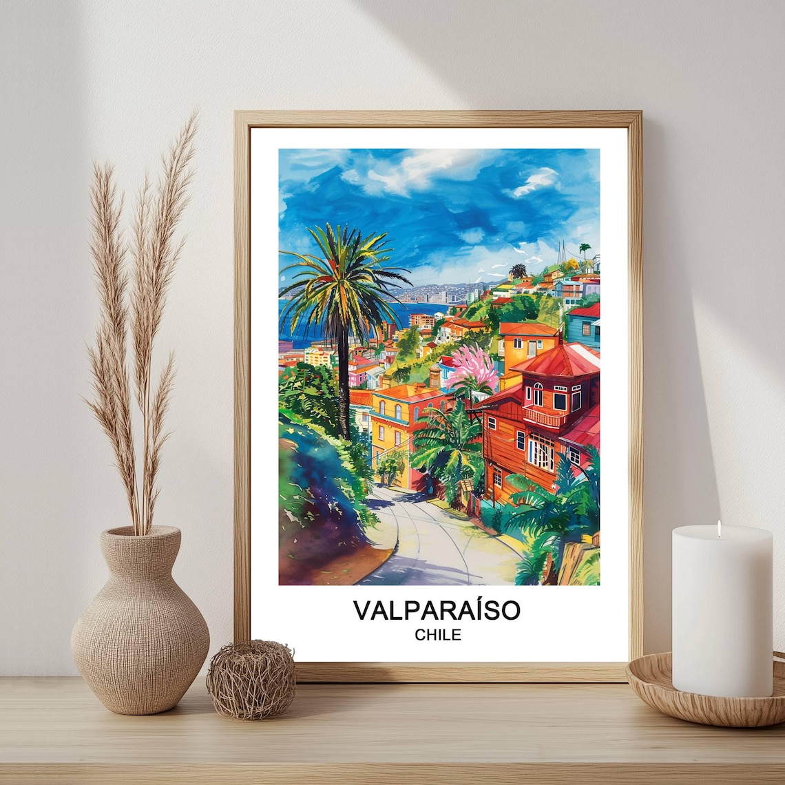 Valparaiso Chile Watercolor Hillside Street Colorful Houses Travel Poster