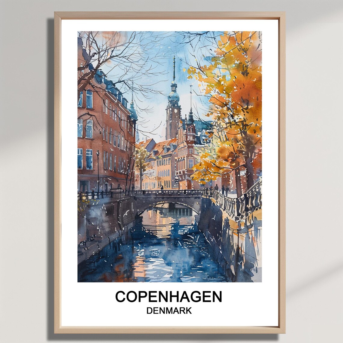 Copenhagen Denmark Autumn Canal Watercolor Old Town Bridge Poster