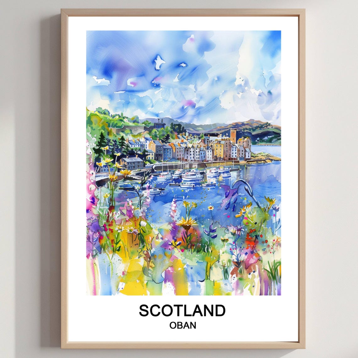 Oban Scotland Harbor Boats Floral Bright Watercolor Travel Poster