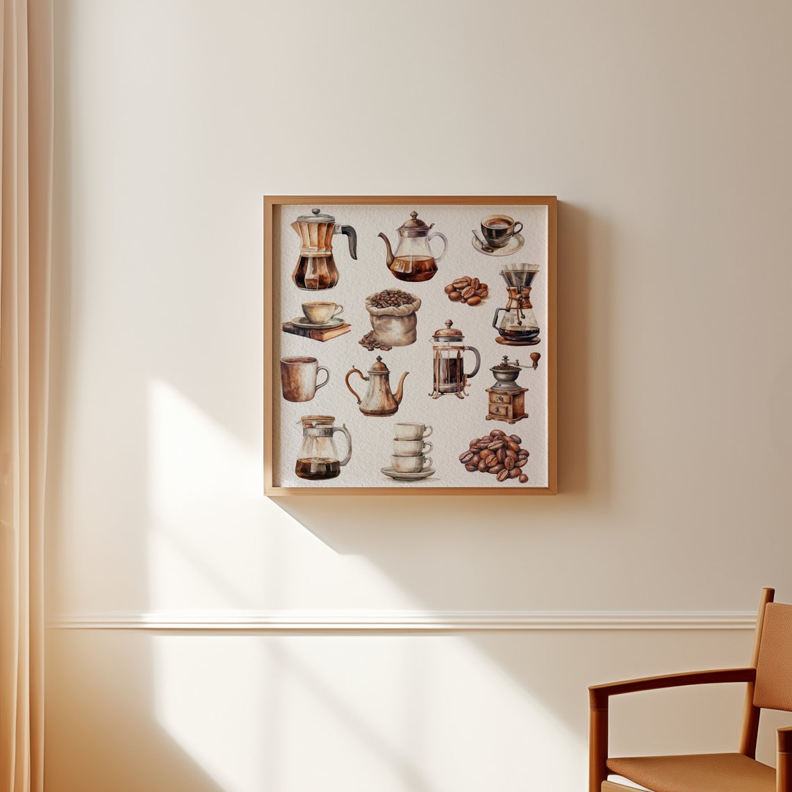 Watercolor Coffee Collage Moka Pot Cups Beans Kitchen Bar Art Poster - Image 2