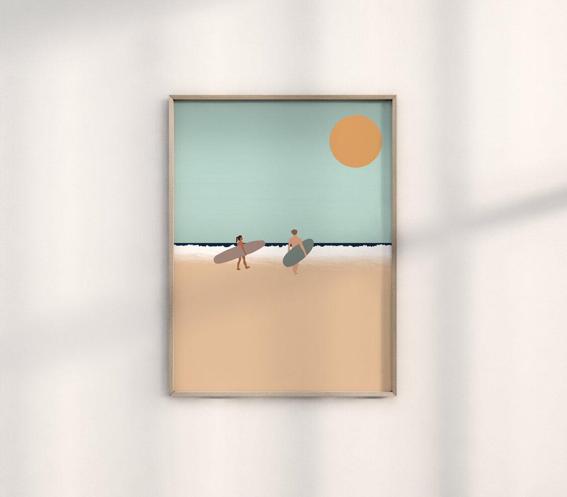Two Surfers Sunset Beach Walk Minimalist Pastel Ocean Art Poster