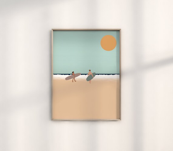 Surfers Catching Waves Print Beach Wall Print Couple Surfing Summer Poster Beach House Decor Wall Art