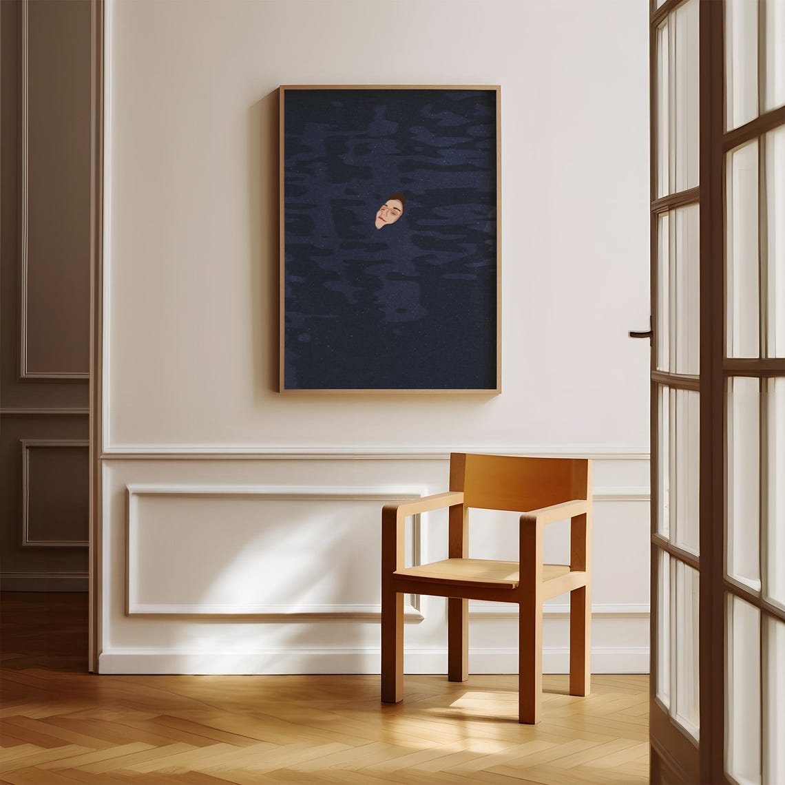 Woman Floating Dark Water Moody Night Swim Minimalist Art Poster - Image 2