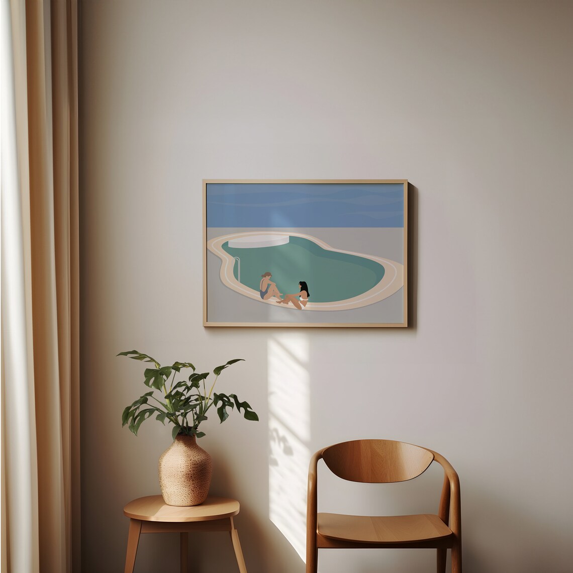 Two Women Sitting at Pool Edge Summer Friendship Minimalist Poster - Image 3
