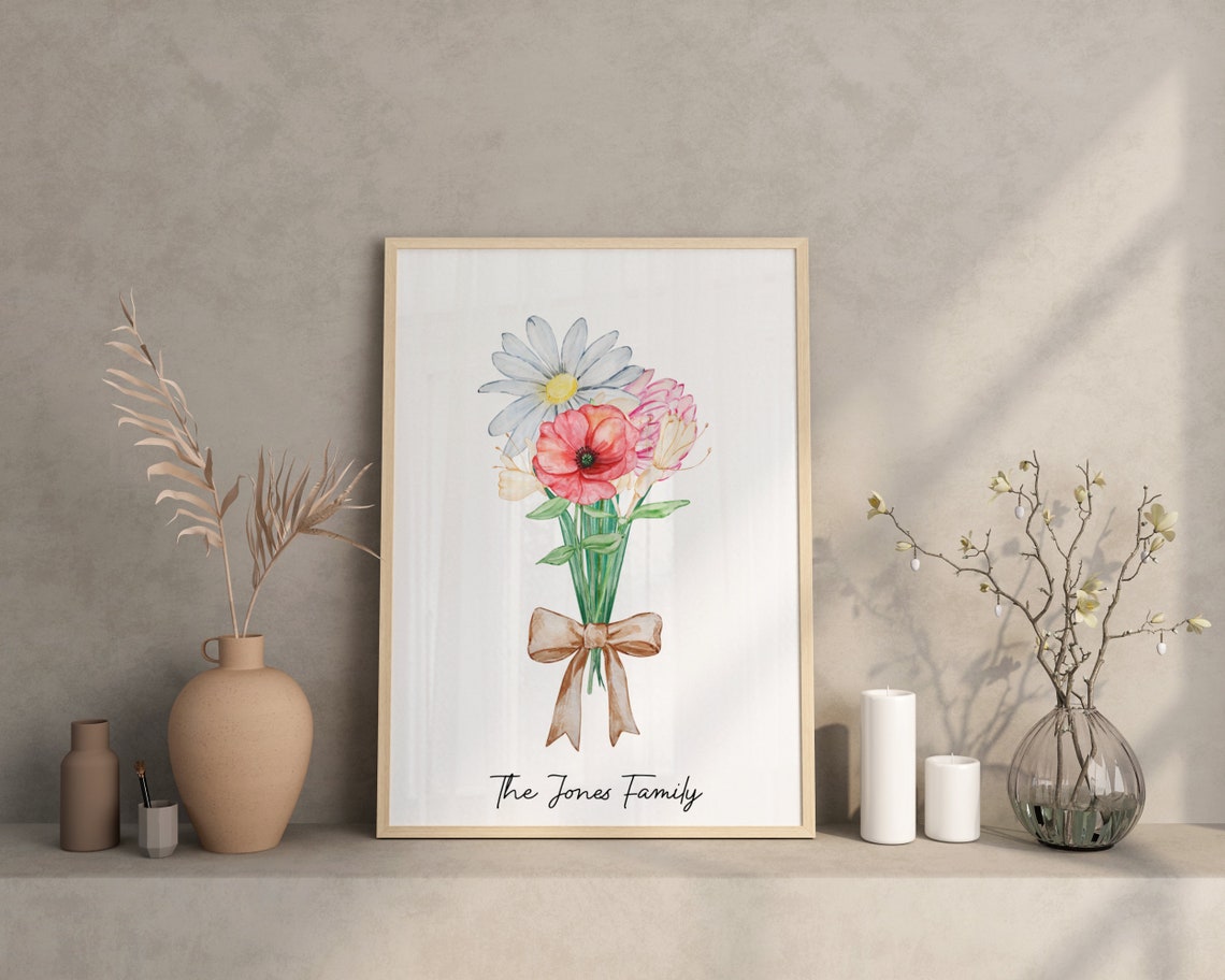 Our Family Nine Flower Watercolor Bouquet Bow Names Keepsake Poster - Image 2