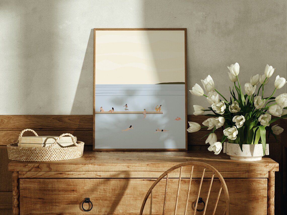 Tiny People Swimming In Lake Minimalist Summer Art Print - Image 4
