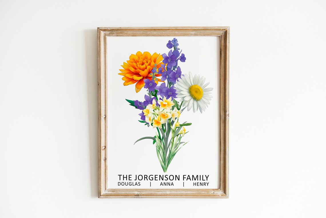 Birth Month Flower Bouquet Personalized Family Name Floral Poster