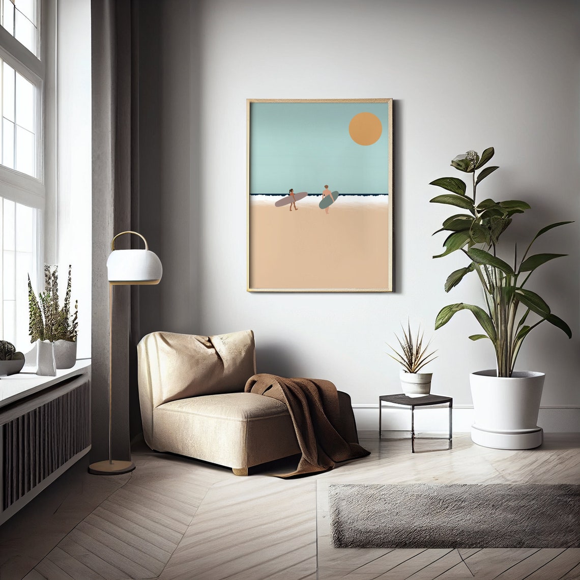 Two Surfers Sunset Beach Walk Minimalist Pastel Ocean Art Poster - Image 3