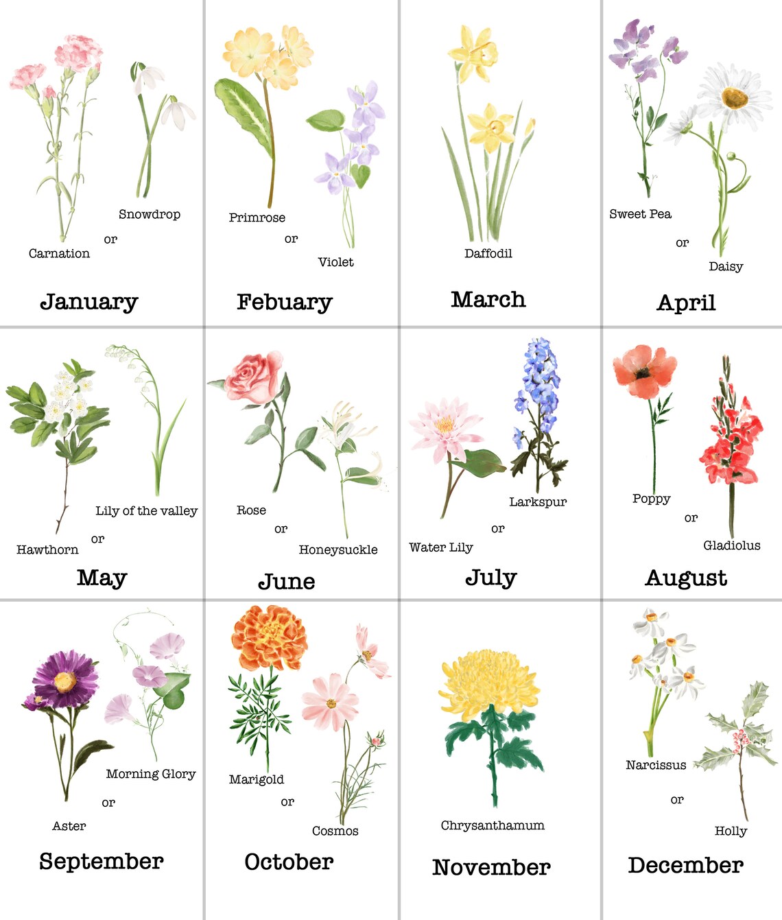 Custom Order Family Birth Month Watercolor Flowers - Image 3