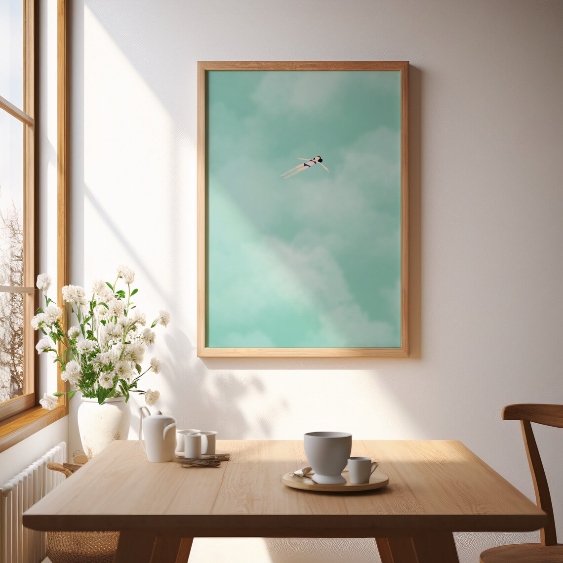 Woman Floating Turquoise Water Dreamy Clouds Minimalist Art Poster - Image 3
