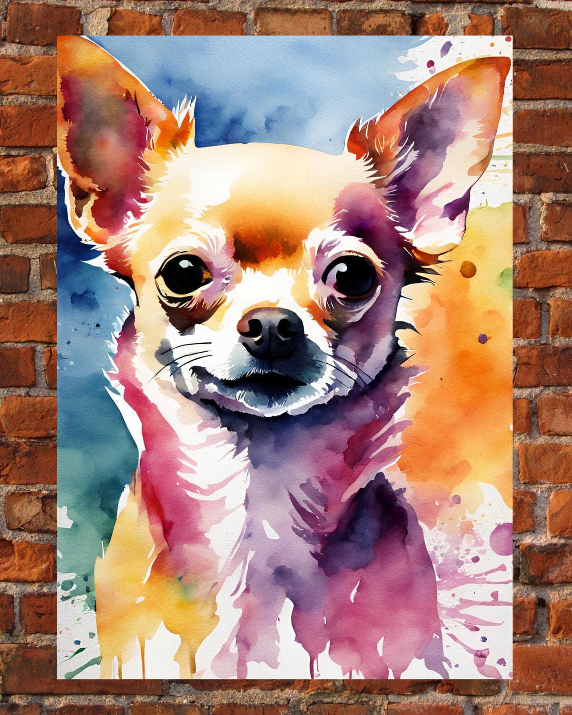 Watercolor Chihuahua Portrait Colorful Splashes Funny Dog Art Poster