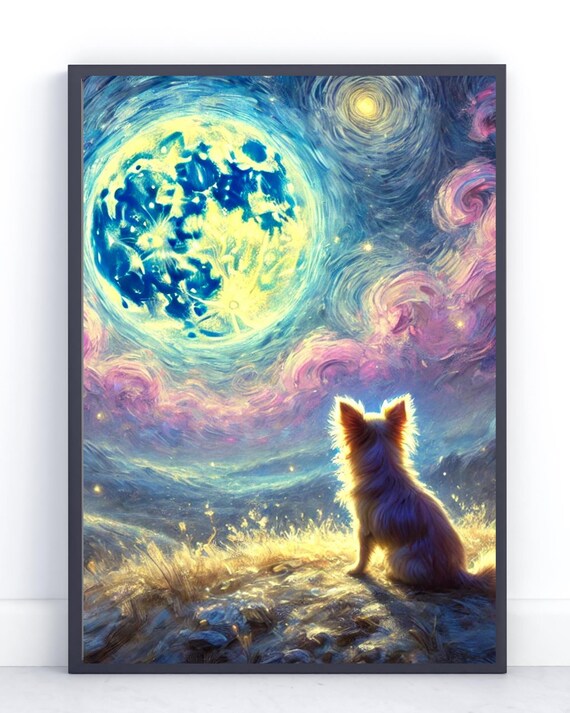 Magical Dog Art Print Starry Night Impressionist Landscape