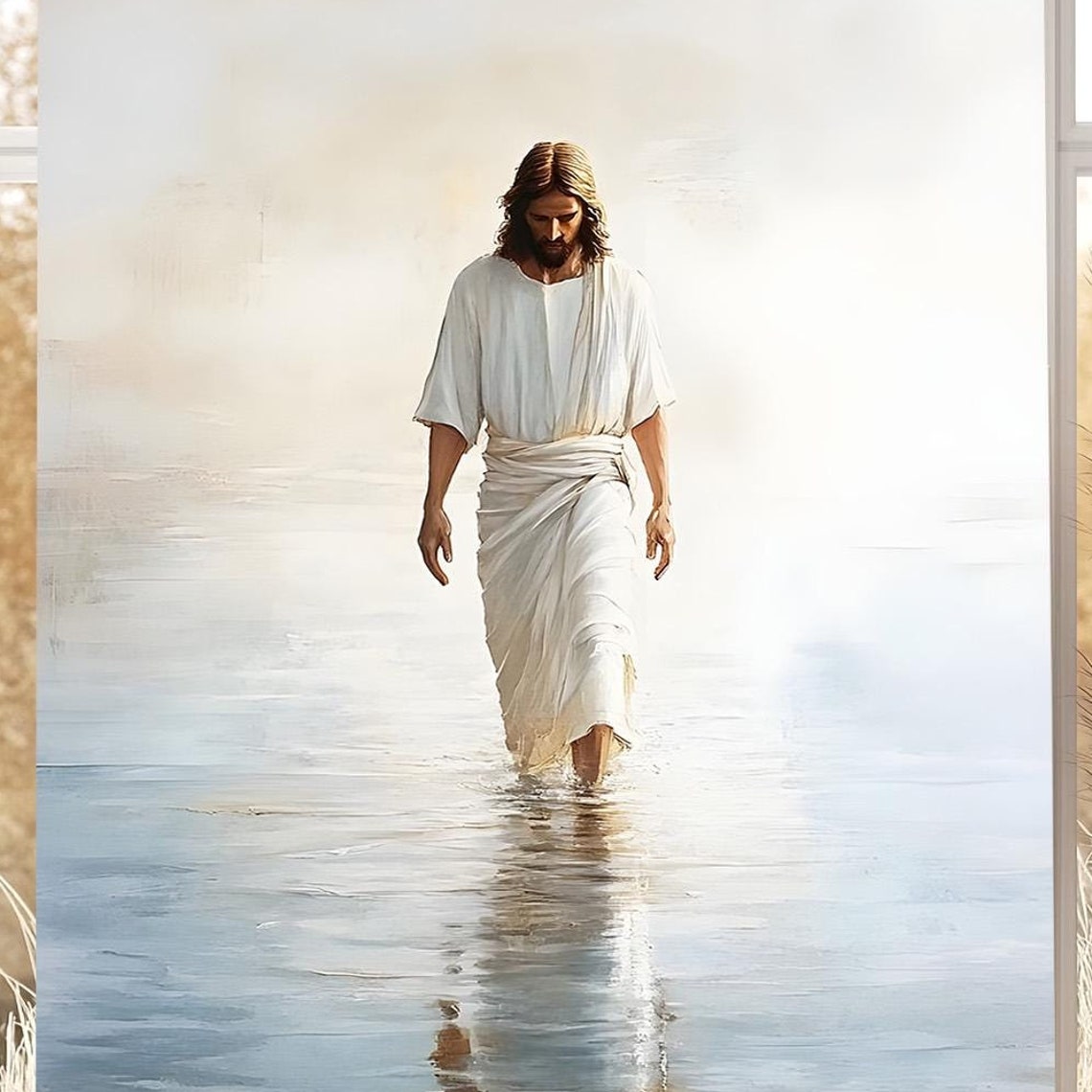 Jesus Christ Walking Toward Viewer On Calm Still Water Poster