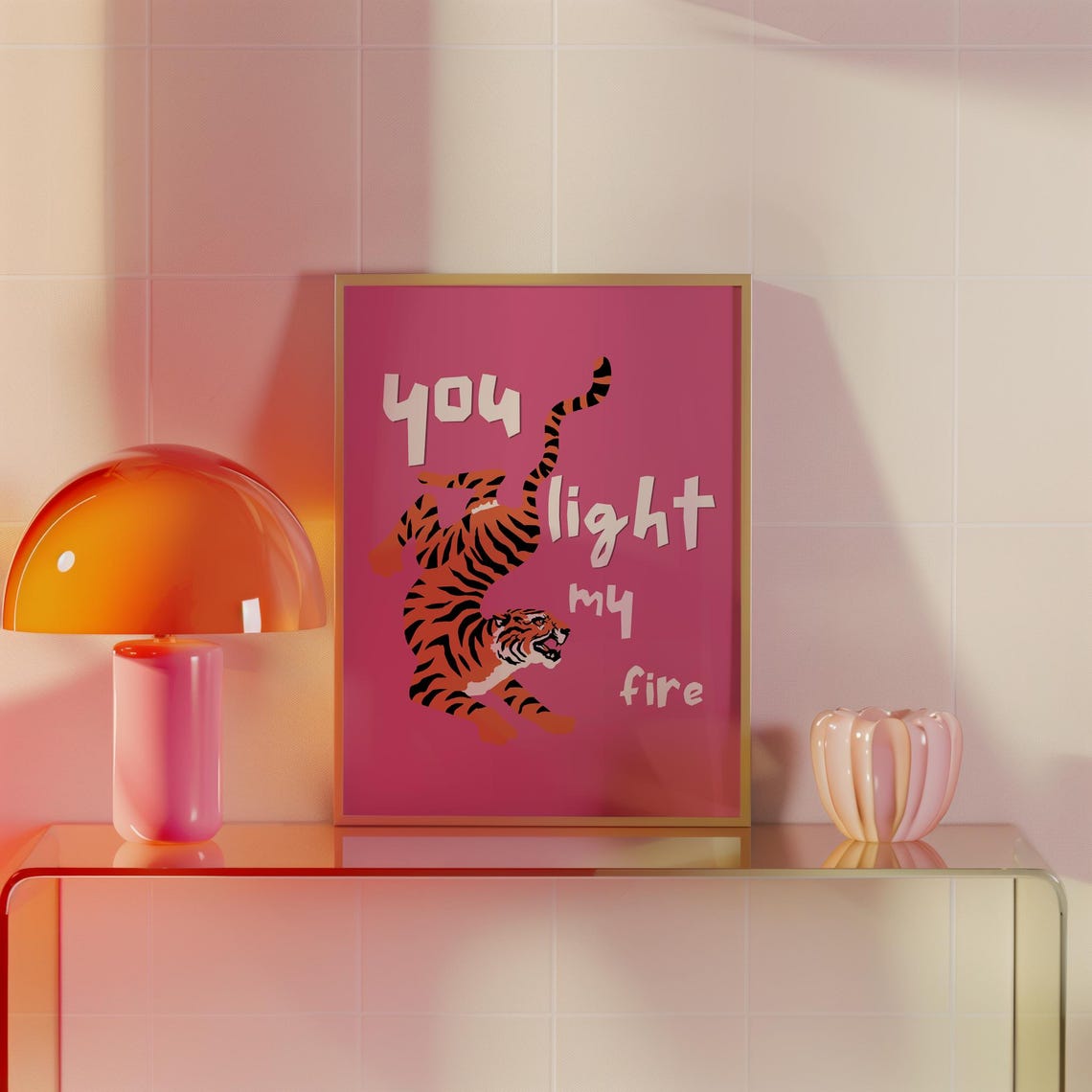 Pink Tiger Retro Fire Poster Art Print