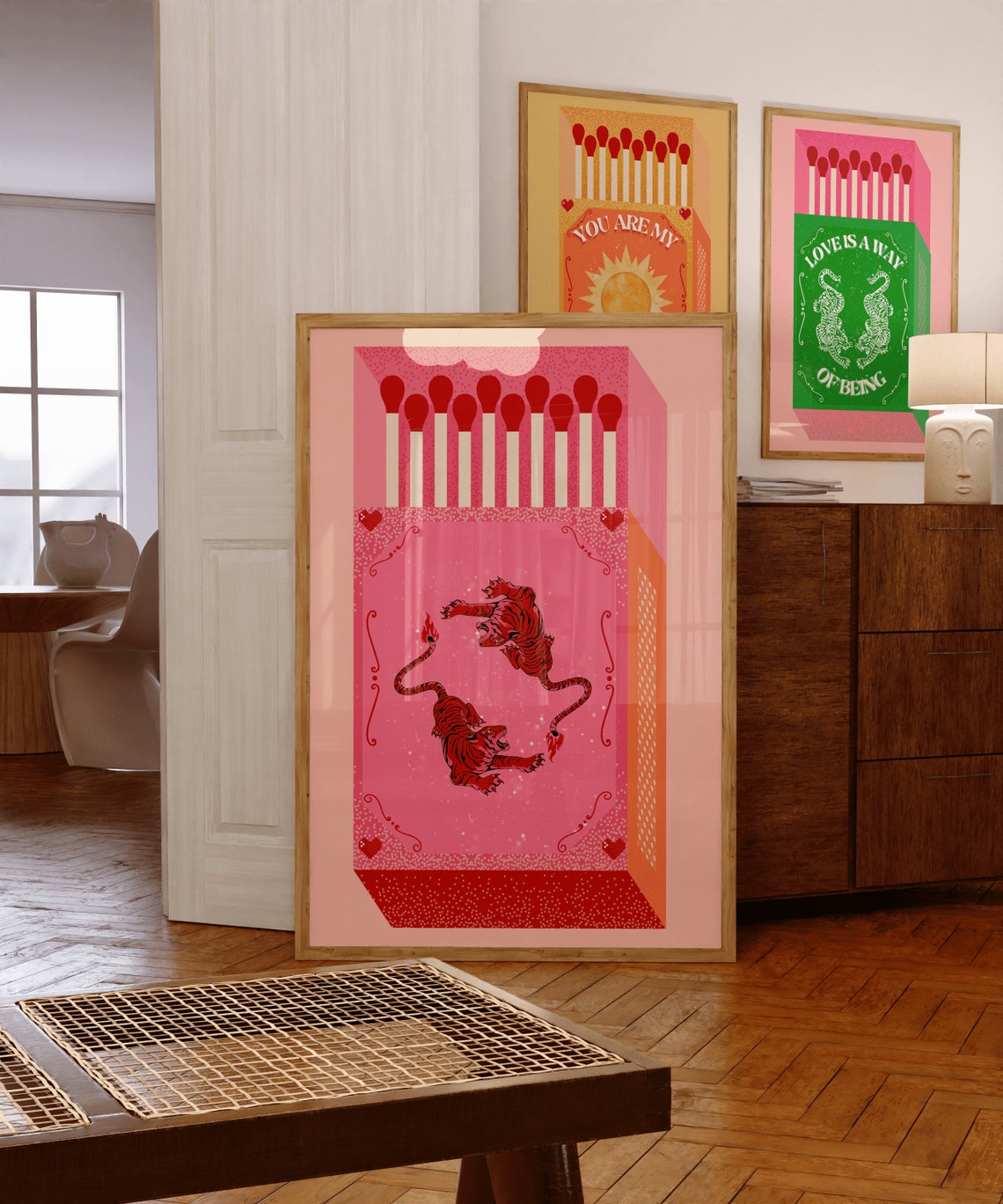 Pink Retro Tiger Matchbox Illustration Vintage Style Wall Art
