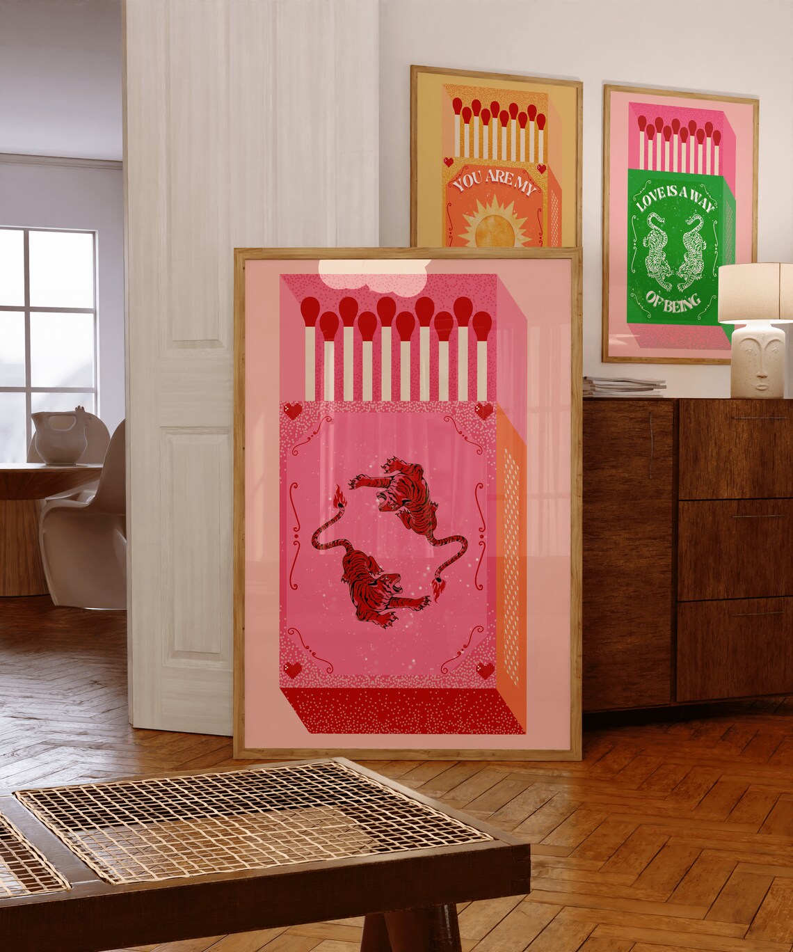 Retro Tiger Matchbox Print Vintage Pink Wall Decor