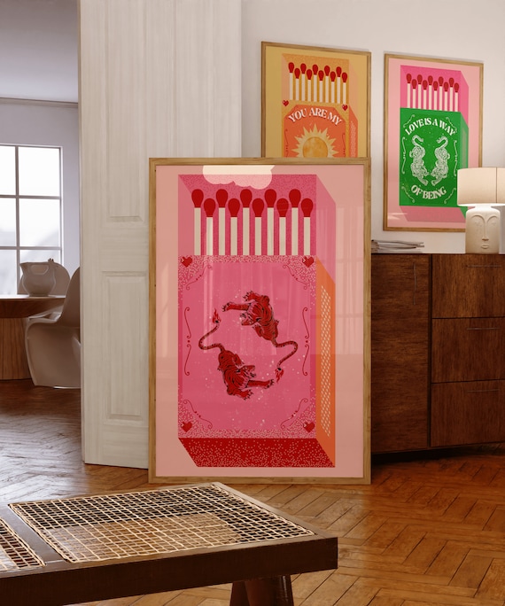 Retro Tiger Matchbox Print Vintage Pink Wall Decor