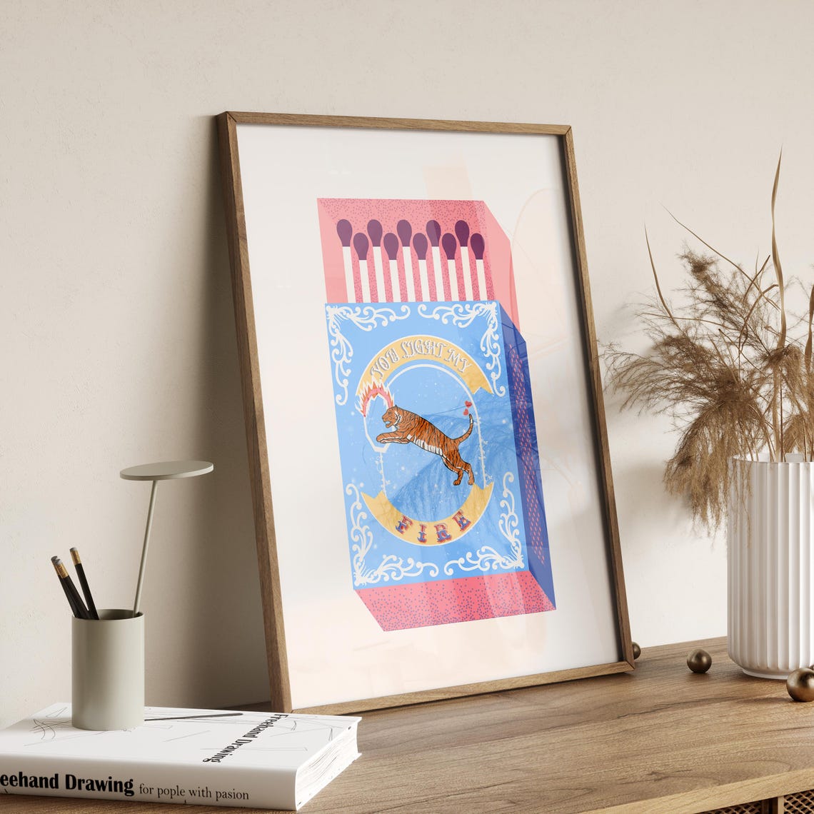 You Light My Fire Blue Matchbox Leaping Tiger Vintage Art Poster