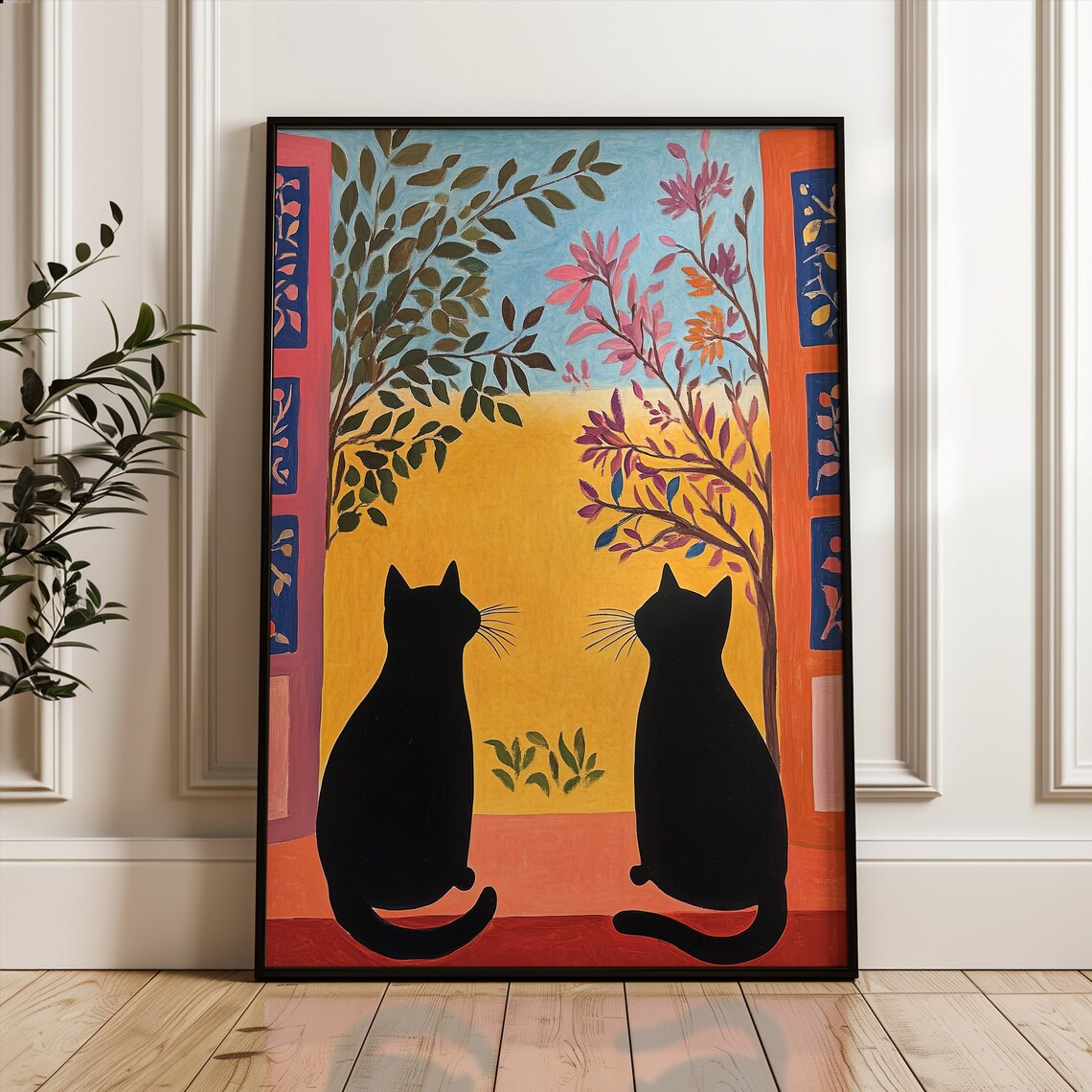 Two Black Cats at Colorful Window Matisse Style Painting Art Print