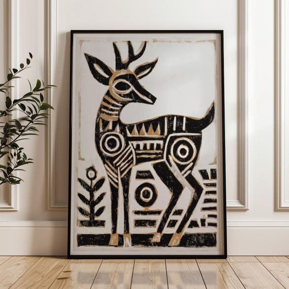 Traditional Mexican Deer Poster Abstract Geometric Folk Art Print On Matte Paper