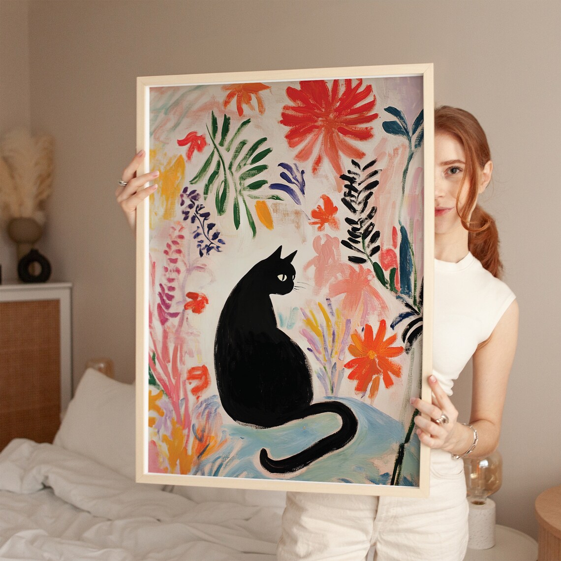 Black Cat Sitting Among Red and Orange Blooms Floral Art Poster