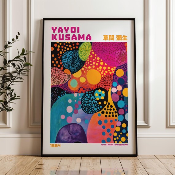 Vibrant Yayoi Kusama 1984 Pink Polka Dot Abstract Exhibition Poster