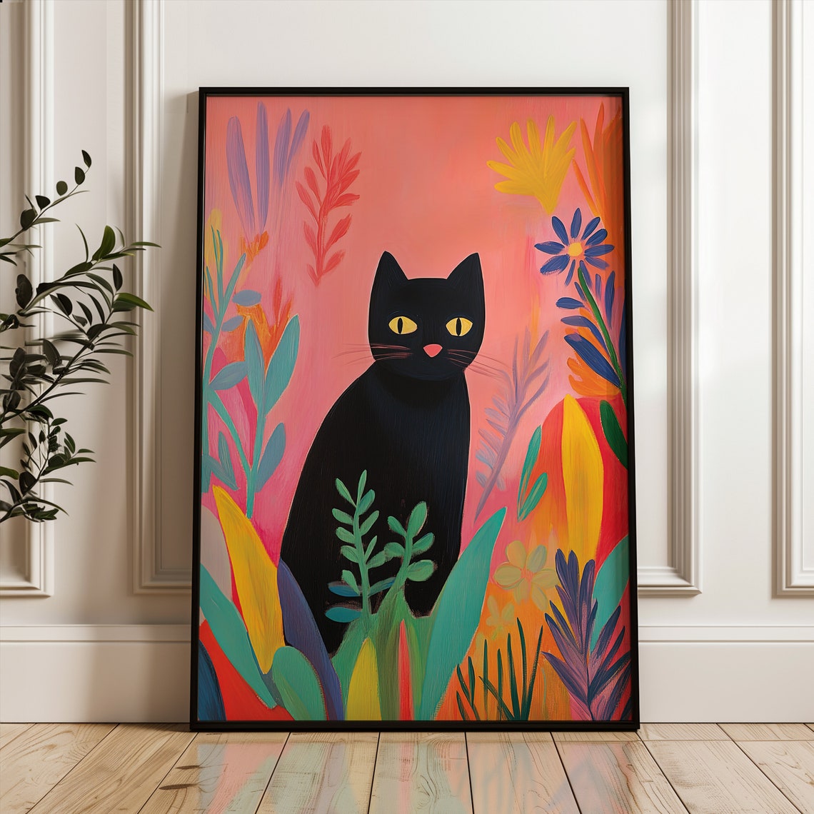Black Cat Pink Tropical Floral Matisse Style Feline Art Poster