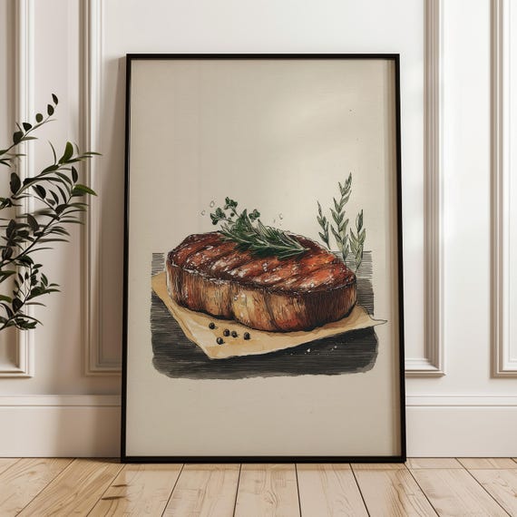 Food Art Poster Handdrawn Steak Illustration On Matte Paper