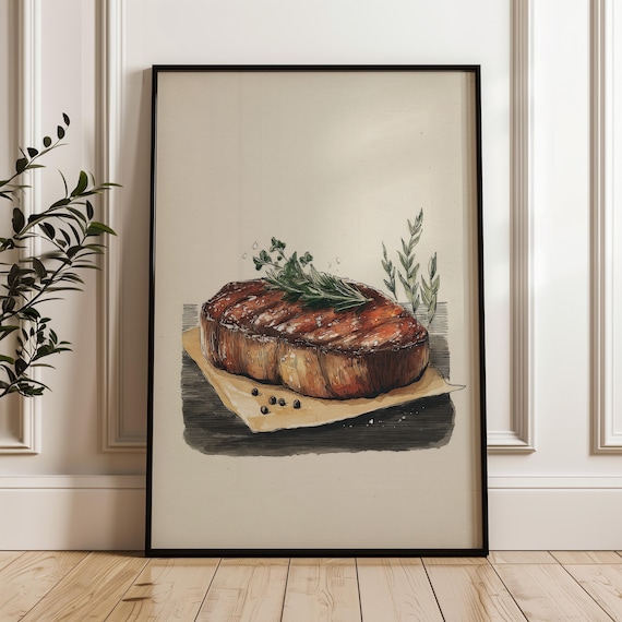 Thick Cut Steak With Herbs Hand Drawn Watercolor Kitchen Poster