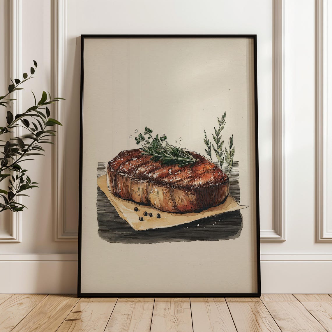 Thick Cut Steak With Herbs Hand Drawn Watercolor Kitchen Poster