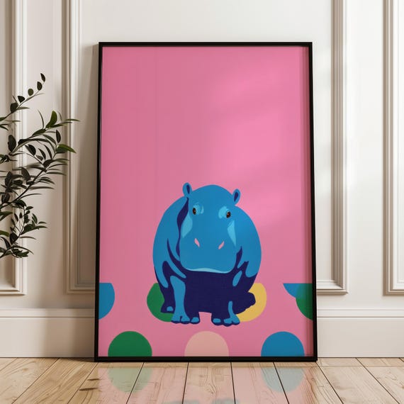 Minimal Hippo Art Print Modern Pop Poster Blue And Pink Wall Decor Playful Home