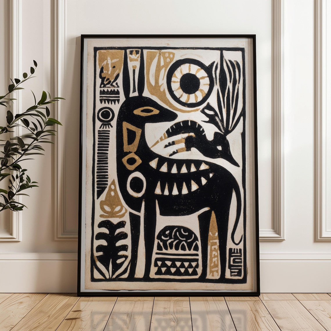 Black Gold Geometric Tribal Deer Stag Folk Art Sun Abstract Animal Poster