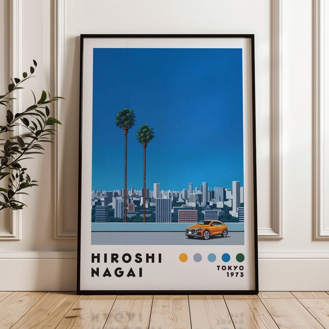Tokyo 1973 Palm Tree Skyline and Orange Sports Car City Art Poster