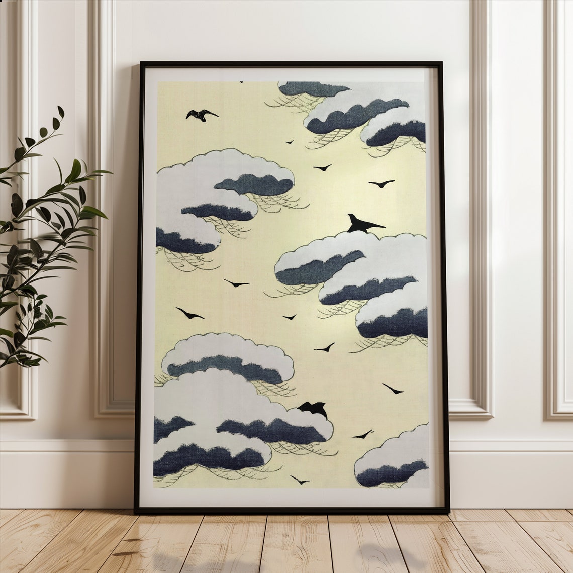Snow Laden Pine Trees and Birds Ivory Japanese Woodblock Poster