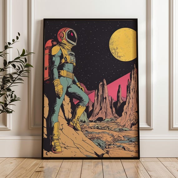 Astronaut Wall Art Poster Yellow Moon Background Scifi Indie Print