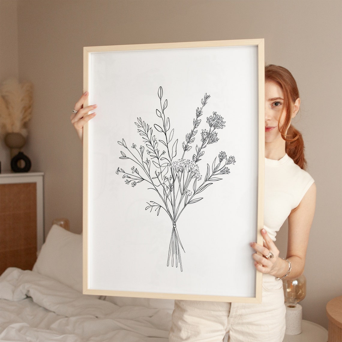 Minimalist Black Line Art Wildflower Bouquet Botanical Poster