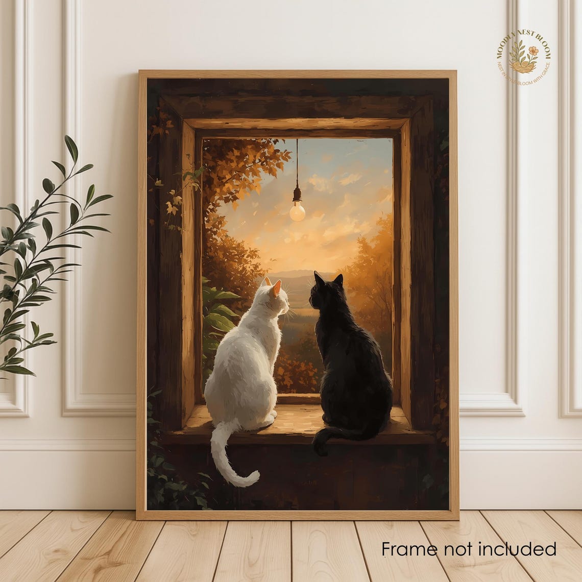 Two Cats Watching Autumn Sunset Window White Black Cat Art Poster