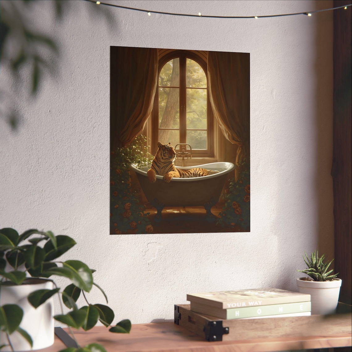 Tiger Lounging in Vintage Clawfoot Bathtub Funny Animal Art Poster