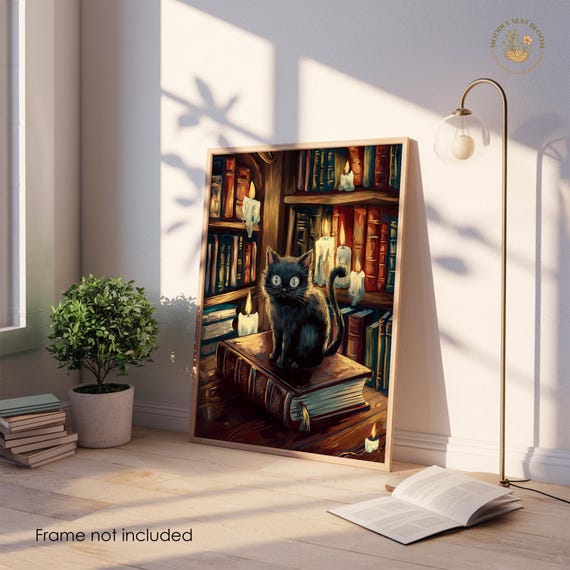 Black Cat in Candlelit Library Gothic Bookish Reading Art Poster