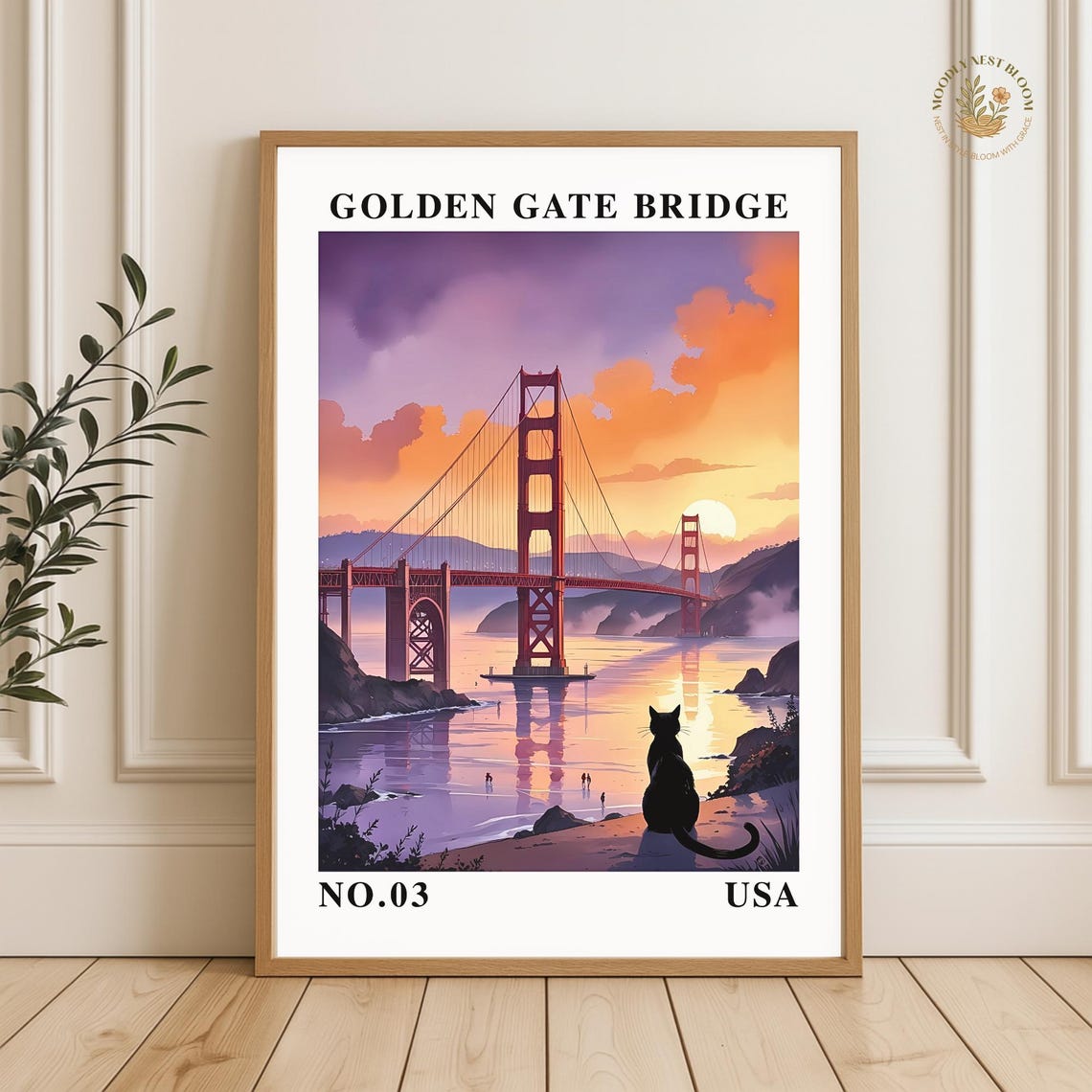 Golden Gate Bridge Sunset Travel Poster Black Cat Silhouette