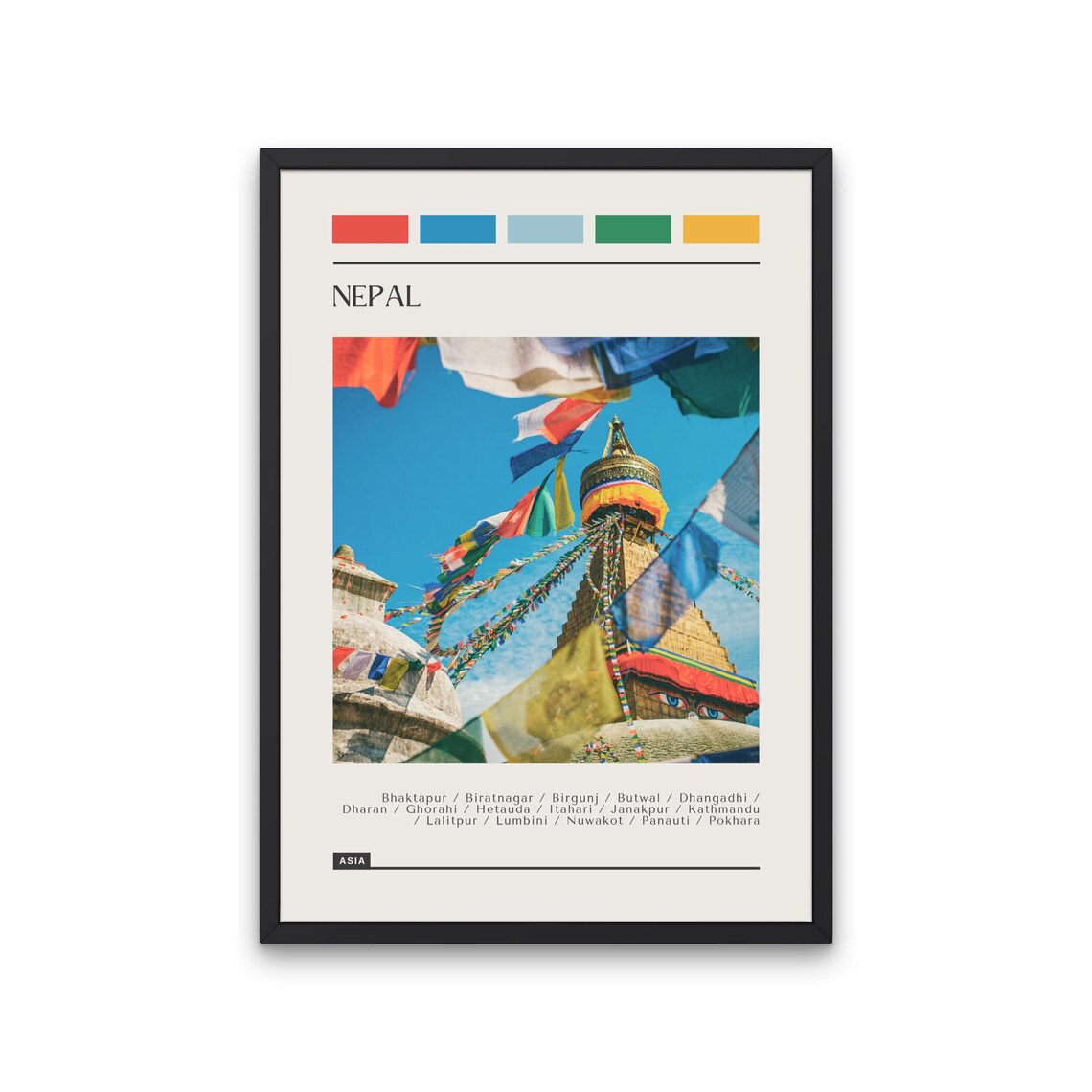Nepal Boudhanath Stupa Prayer Flags Blue Sky Travel Photo Poster