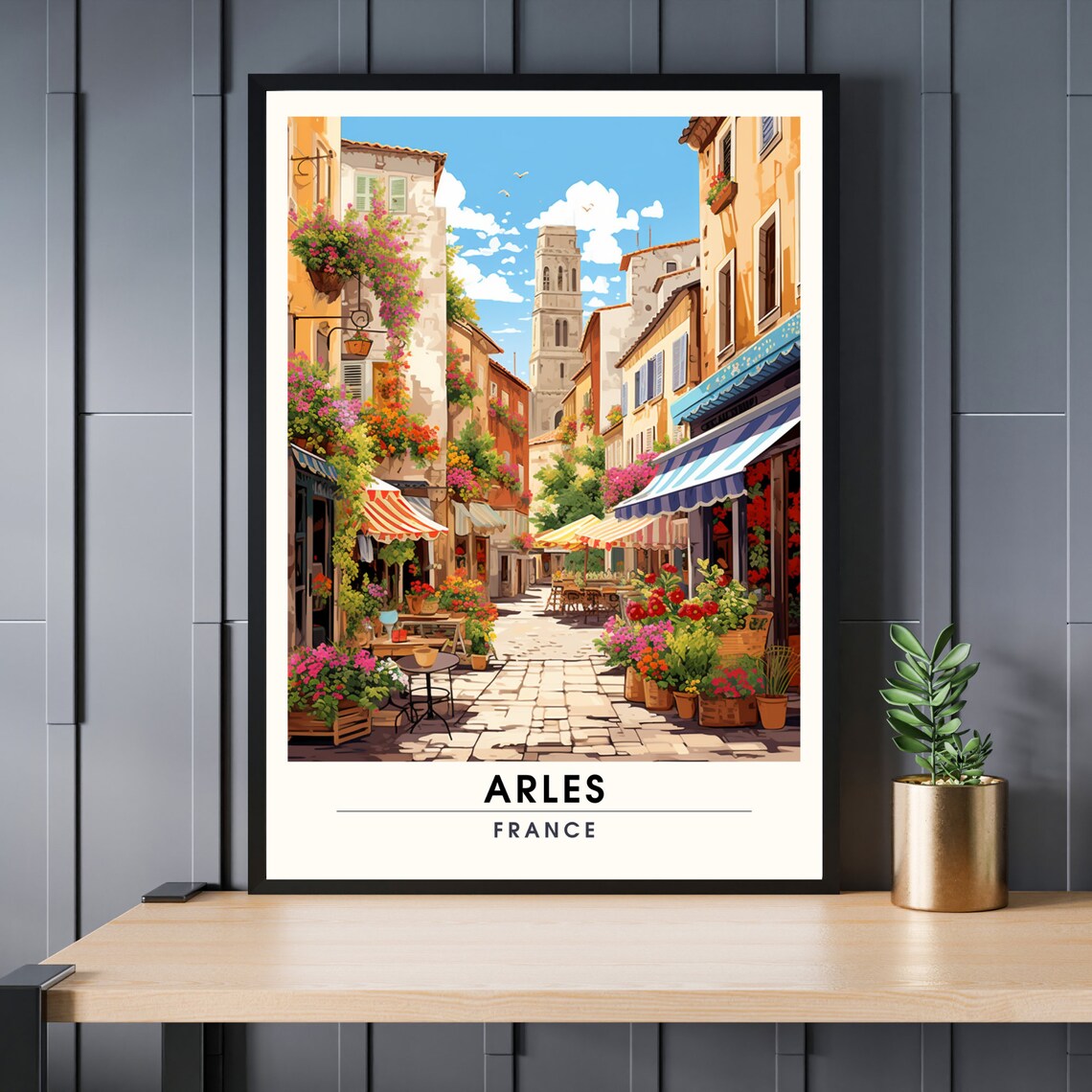 Arles France Flower Lined Cobblestone Street Vintage Travel Poster