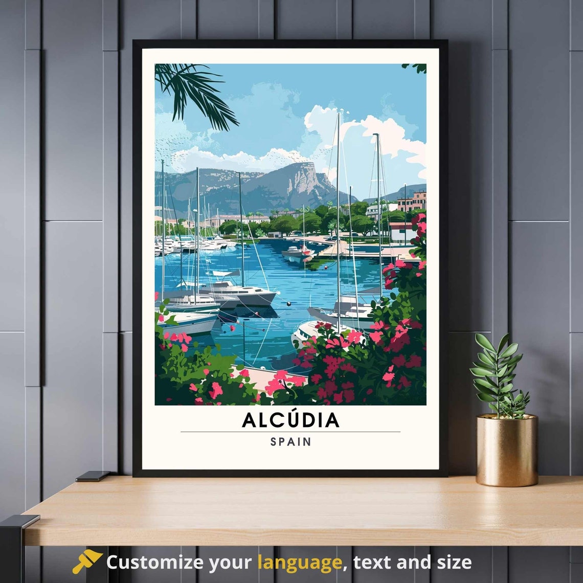 Alcúdia Spain Sunny Marina Sailboat Harbor Floral Travel Poster
