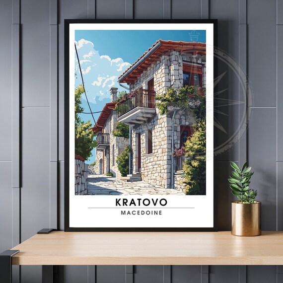 Kratovo Macedoine Travel Poster Stone House Street Vintage European Wall Decor