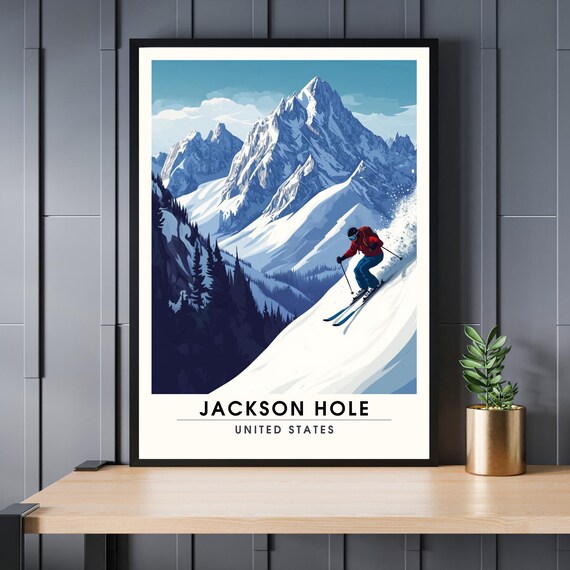 Jackson Hole Wyoming Skiing Powder Mountain Skier Action Travel Poster