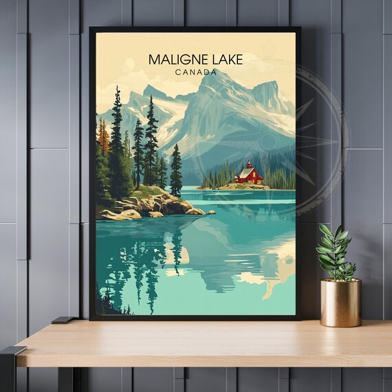 Maligne Lake Canada Vintage Travel Poster Red Boathouse Rocky Peaks Art