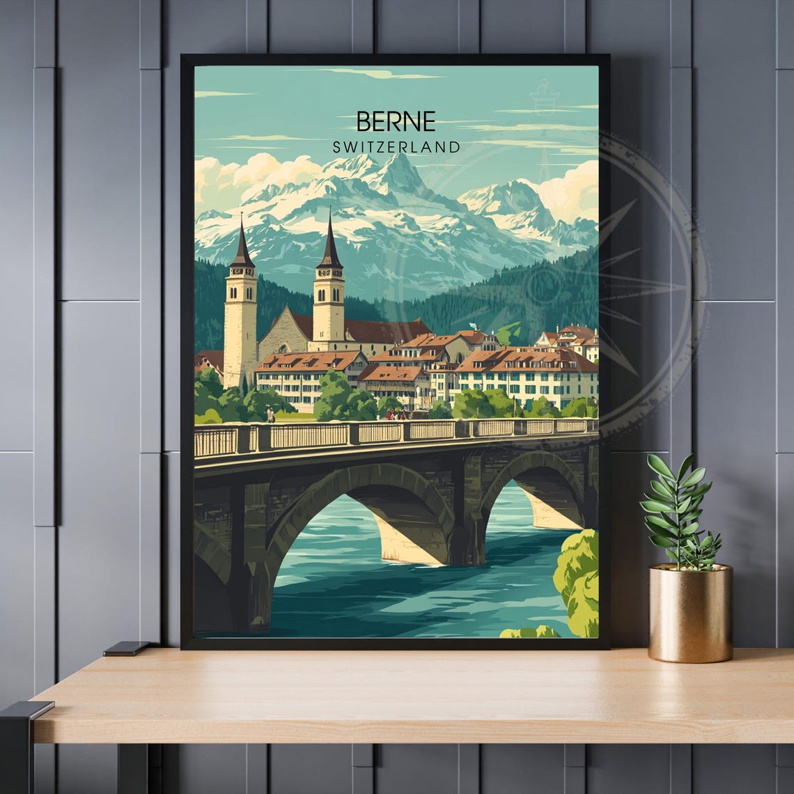 Berne Switzerland Stone Bridge River Alps Vintage Style Travel Poster