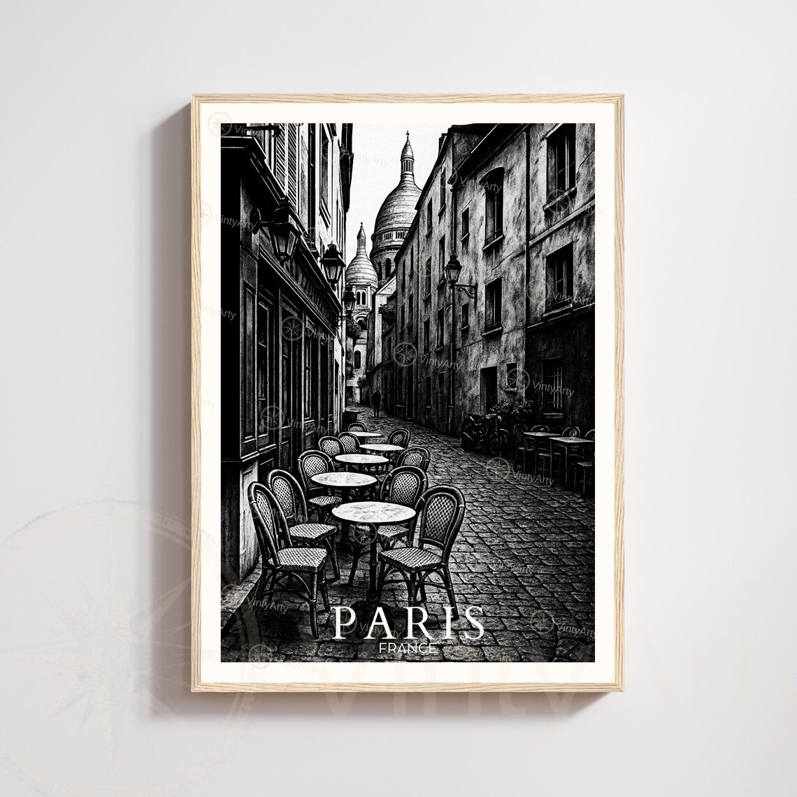 Paris France Black and White Cafe Street Sacre Coeur Vintage Poster