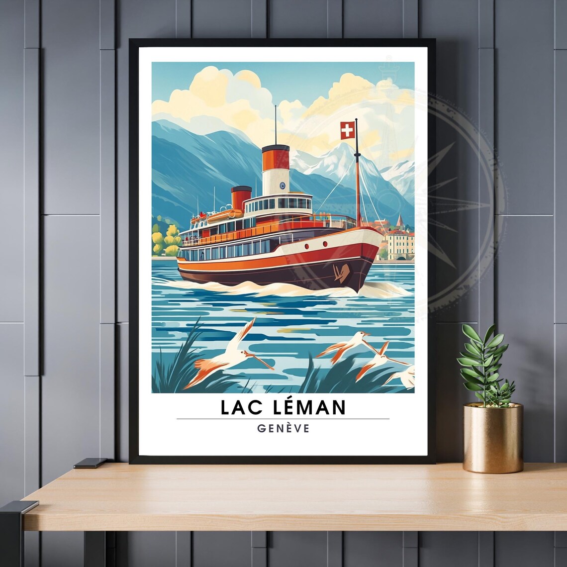 Lake Geneva Paddle Steamer Swiss Flag Vintage Travel Poster Geneva